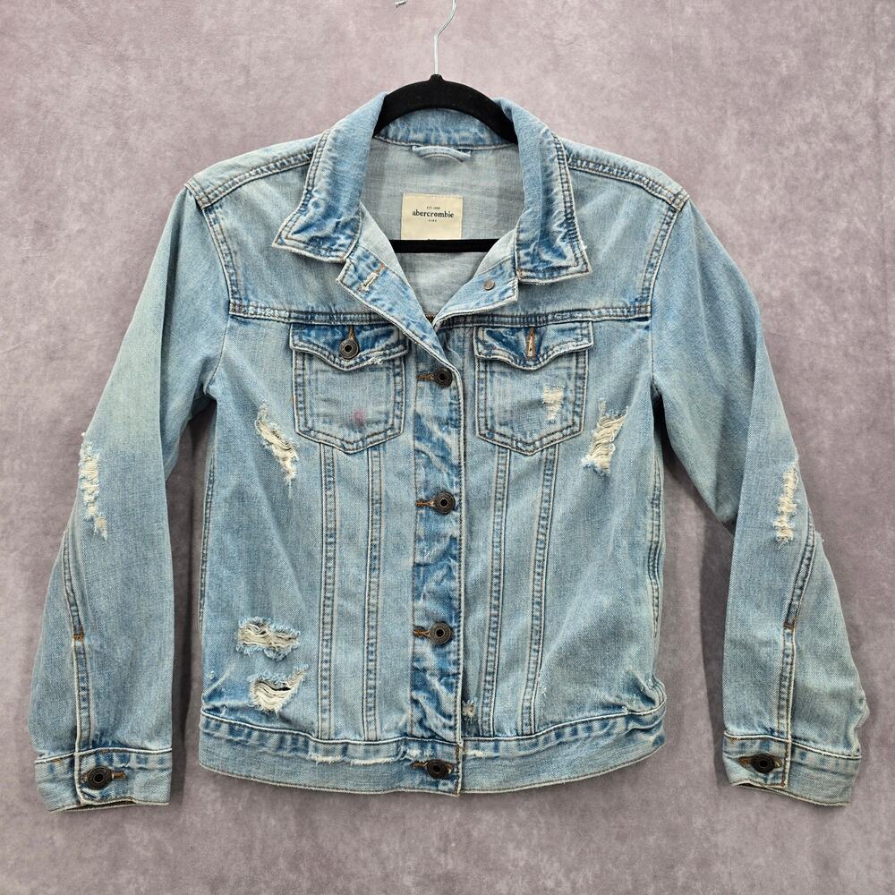 Abercrombie Kids Blue Distress Demin Jeans Button Long Sleeve Jacket‎ Small 10